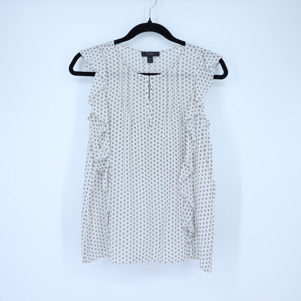 J. Crew Printed Silk Blouse White Chiffon Ruffled Cap Sleeve Keyhole Women's 00